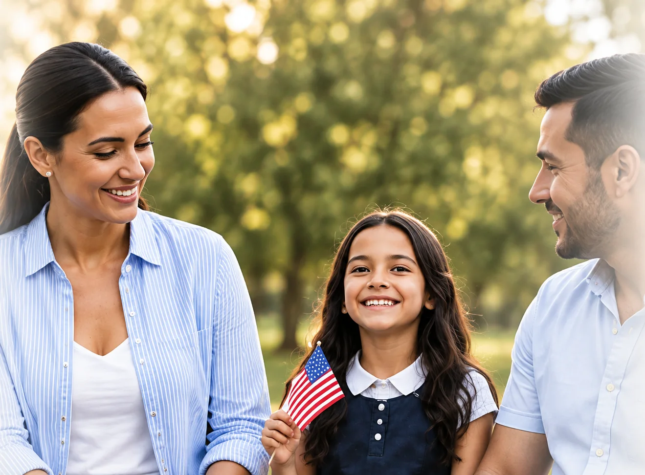 A mother, father and daughter holding a small United States flag